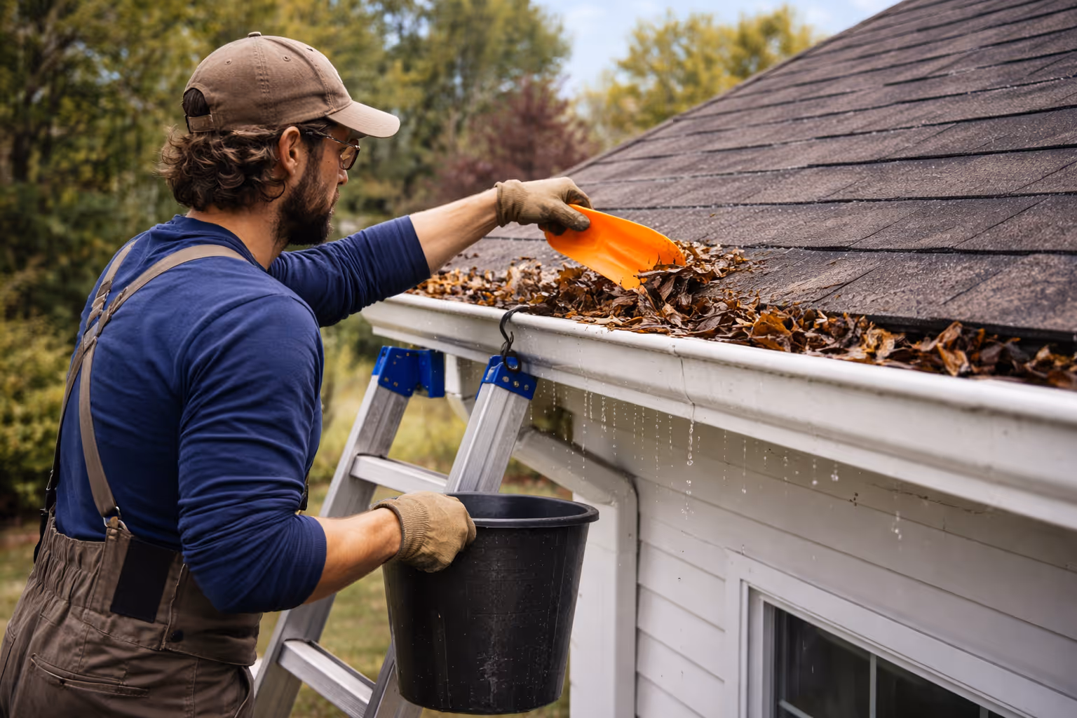 Man on ladder cleaning leaves from a house gutter using an orange scoop and holding a black bucket.