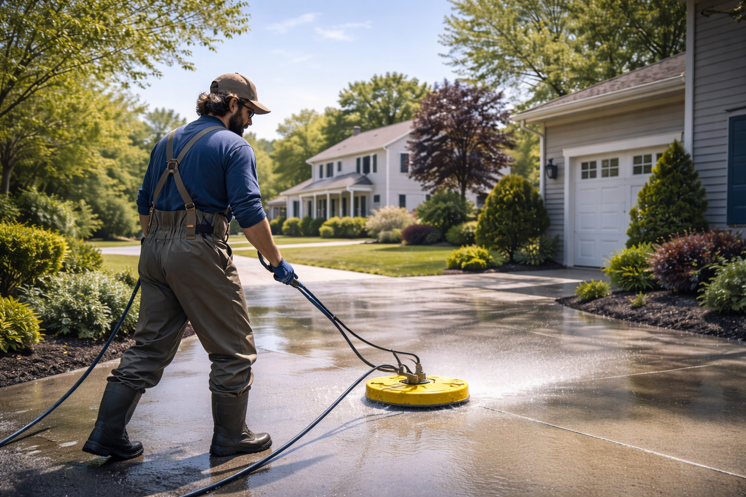 Man in waterproof gear pressure washing a driveway in a suburban neighborhood on a sunny day.