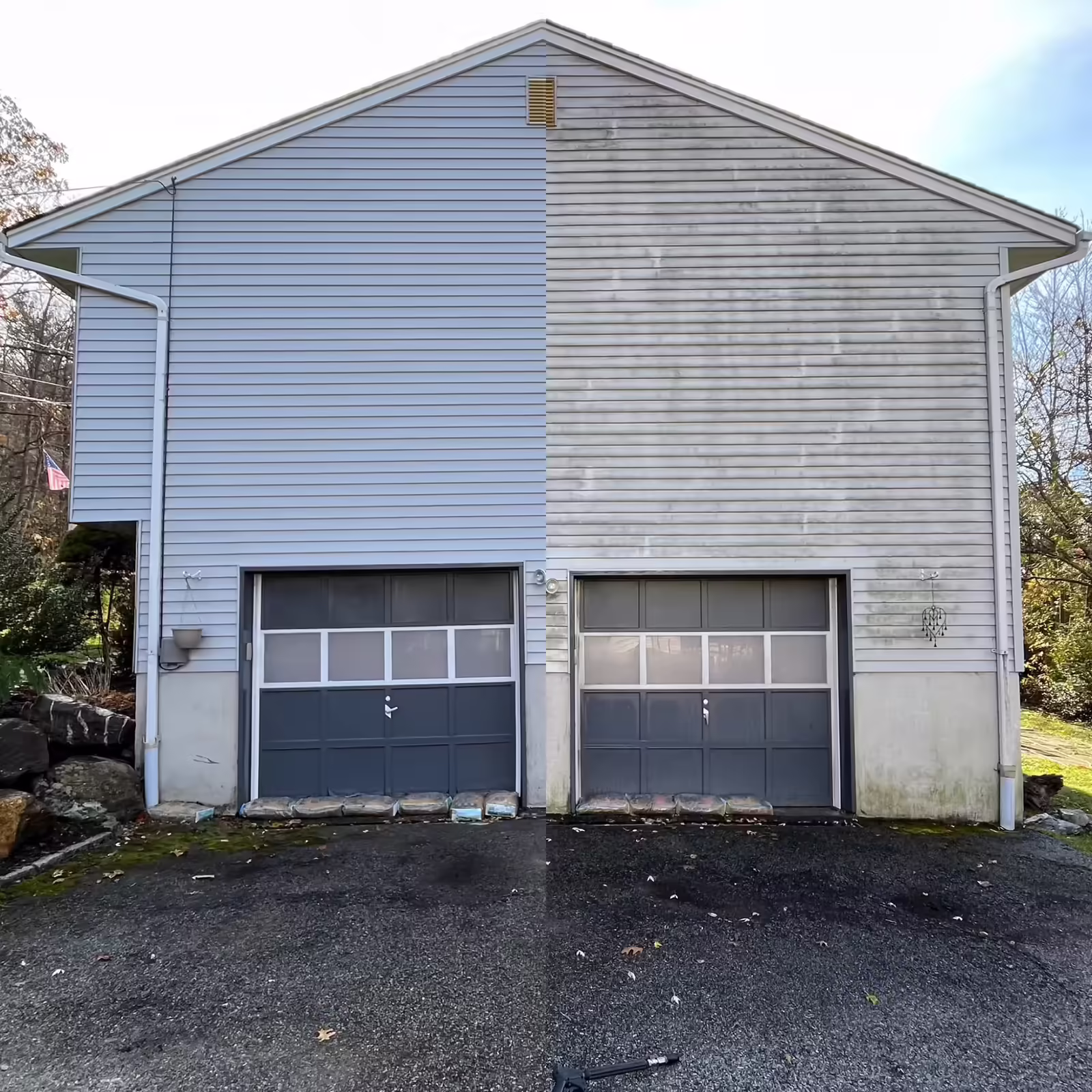 Side-by-side comparison of a house garage wall before and after cleaning, showing a clean left side and a dirty, moldy right side.