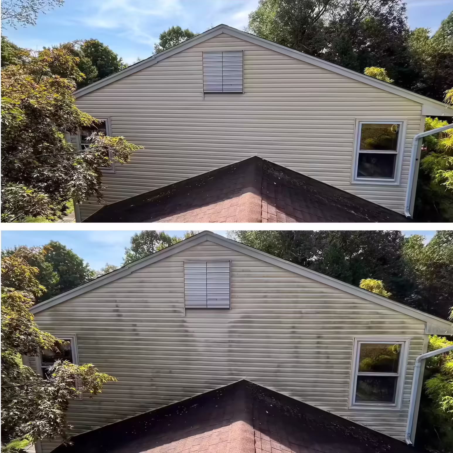 Two images of the same house exterior showing a clean beige wall above a roof peak in the top image, and the same wall dirty with visible grime and stains in the bottom image.
