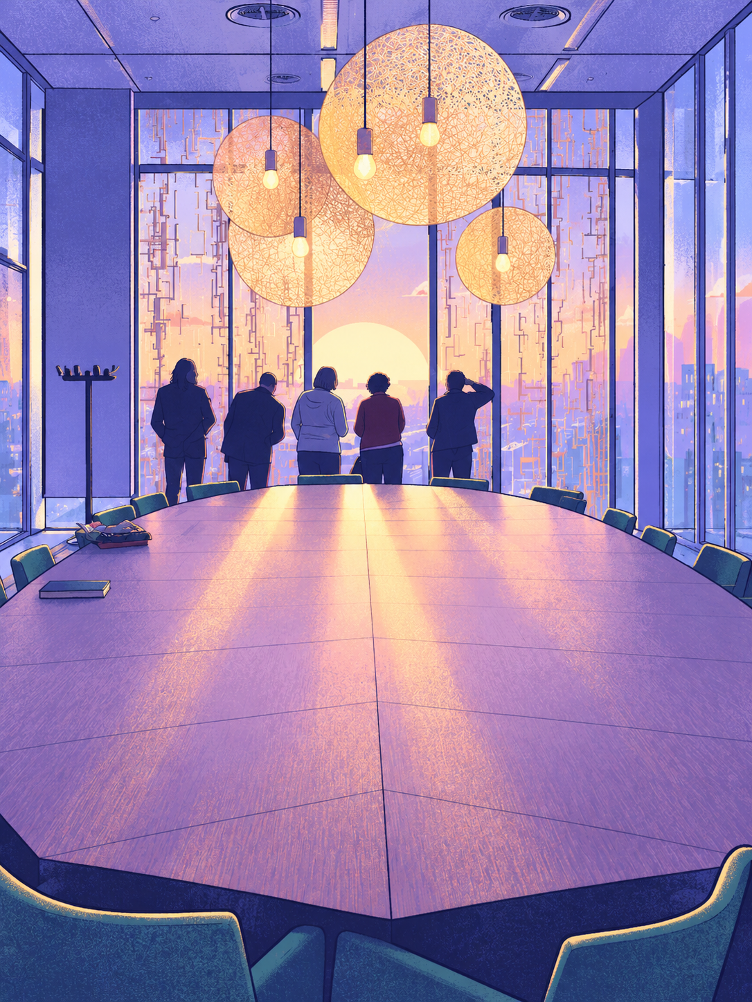 People silhouetted at a boardroom window in golden evening light