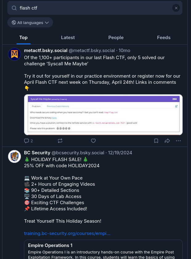 Bluesky search for "flash ctf"