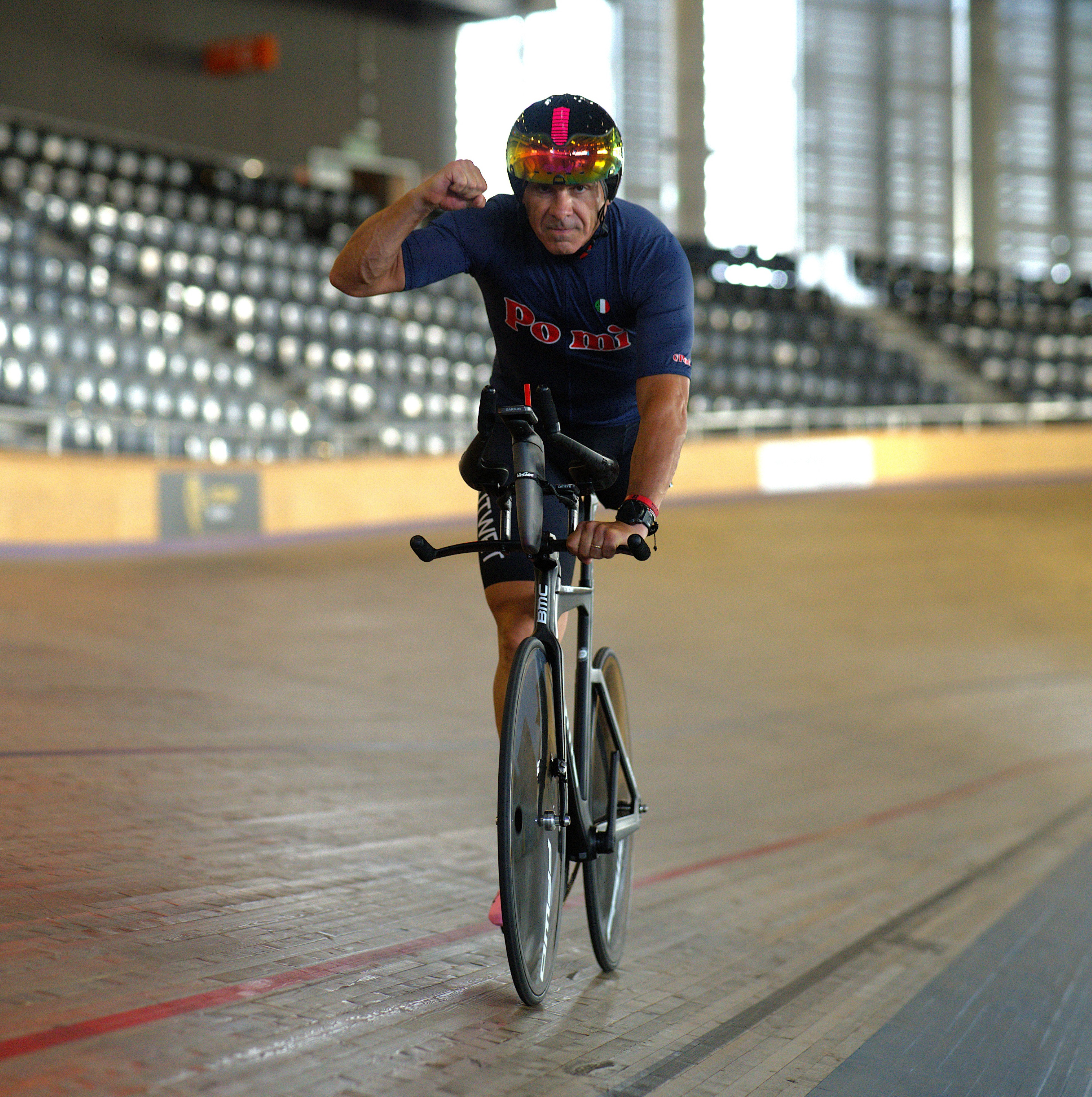 Wind turbine blades against a landscape.