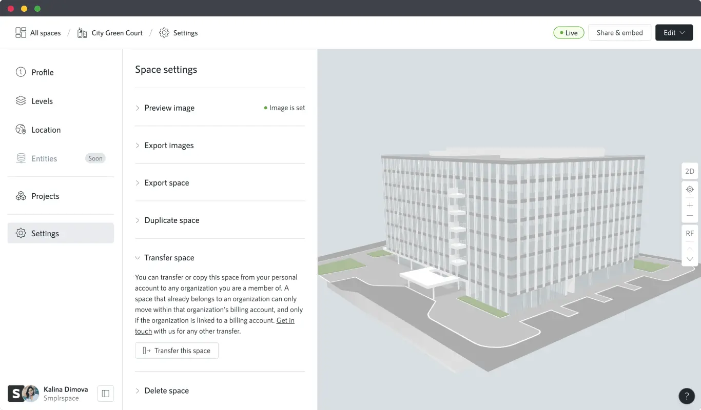 Screenshot from the Smplrspace app, showcasing the settings section of a Space profile.
