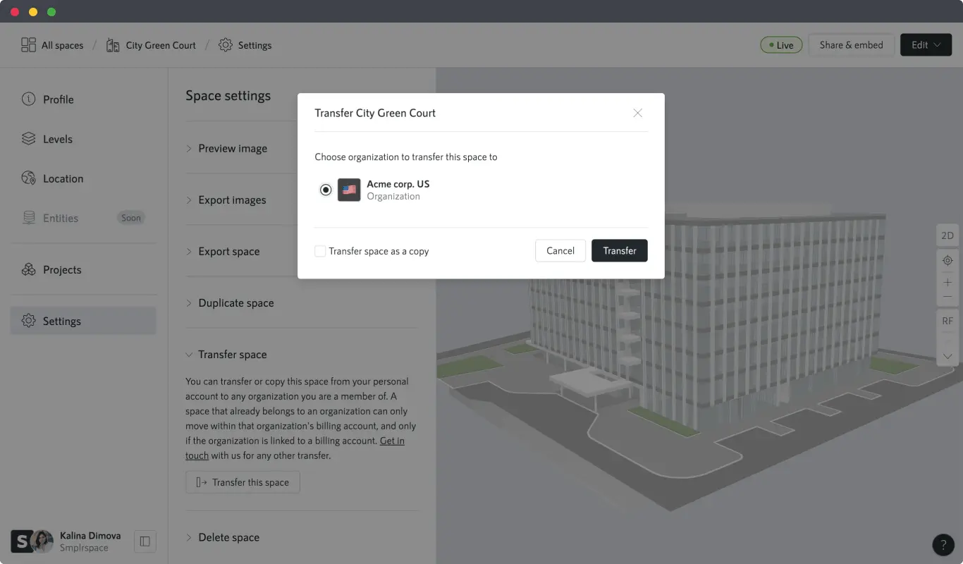 Screenshot from the Smplrspace app, showcasing the transfering space modal box.