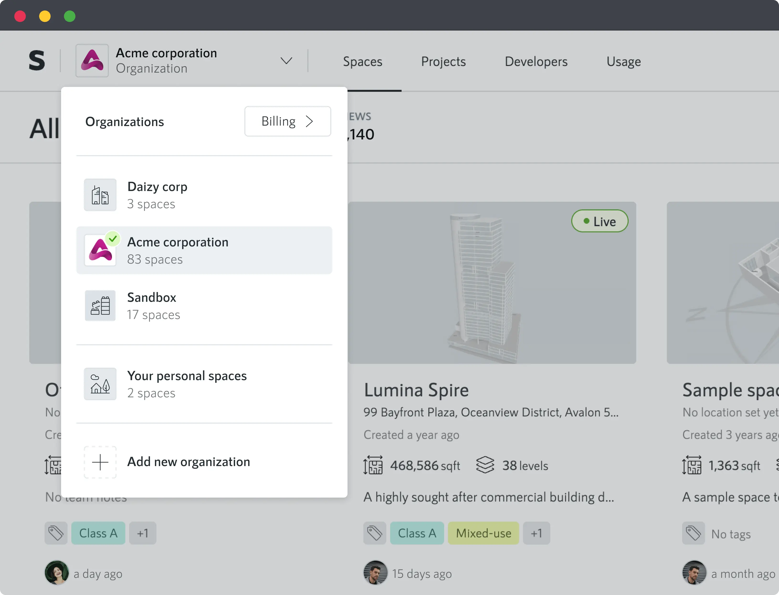 Screenshot from the organizations switching menu from where you can create a new organization.