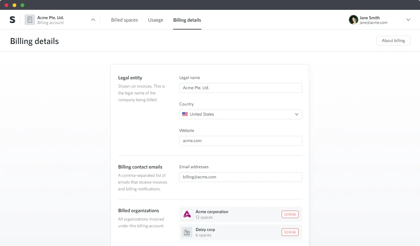 Screenshot of the billing details tab inside a billing account.