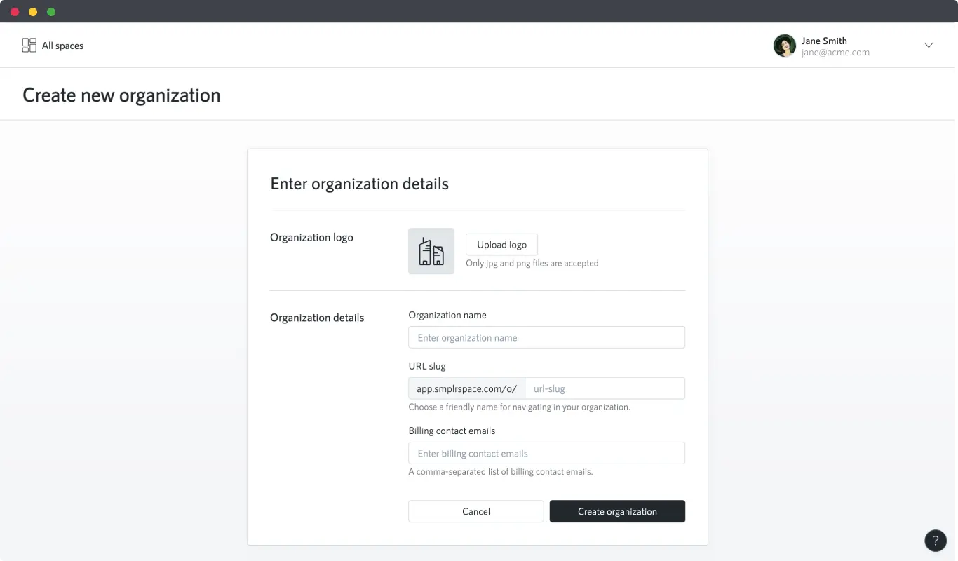 Screenshot of the form page for creating a new organization.