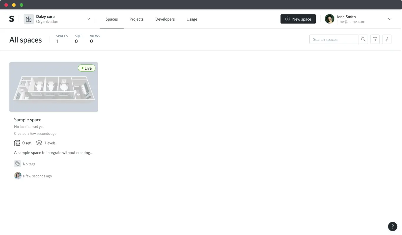 Screenshot of a brand new organization with a sample space.