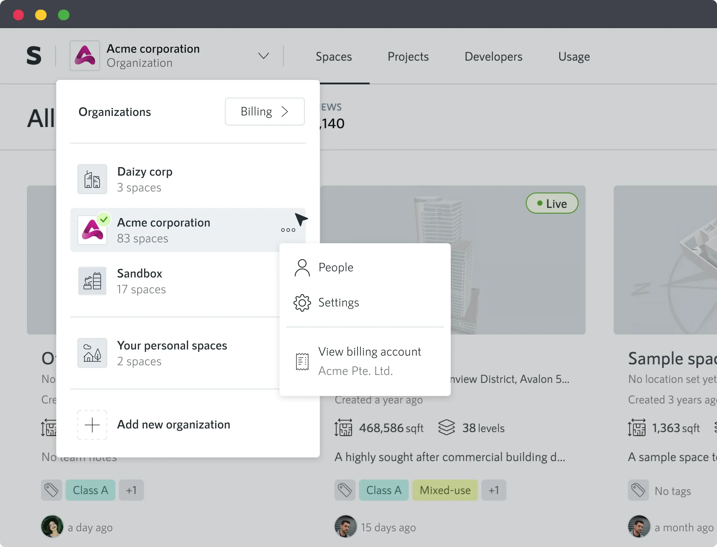 Screenshot of the organizations switching menu showcasing the access to the settings of an organization on hover.
