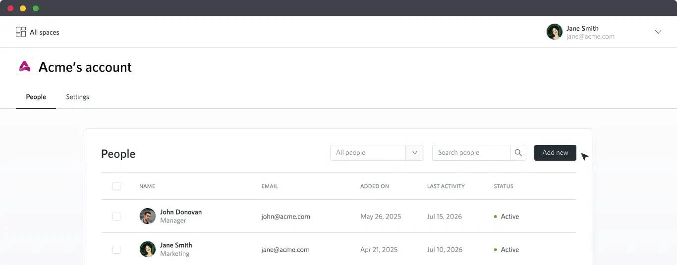Screenshot of the People settings in an organization.