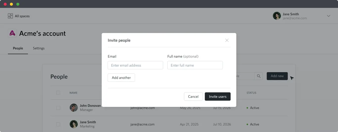Screenshot of the inviting people modal box.