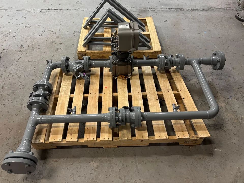 Commercial natural gas meter set with actuated valve and flanged connections, assembled and ready to ship.