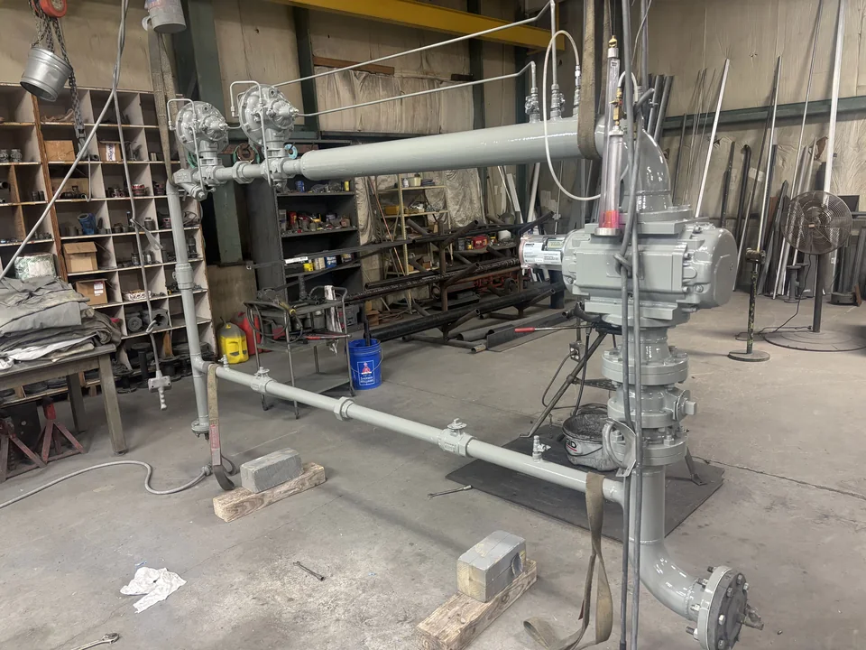 Grain dryer gas train with twin regulators and an actuated control valve, fully assembled in the shop.
