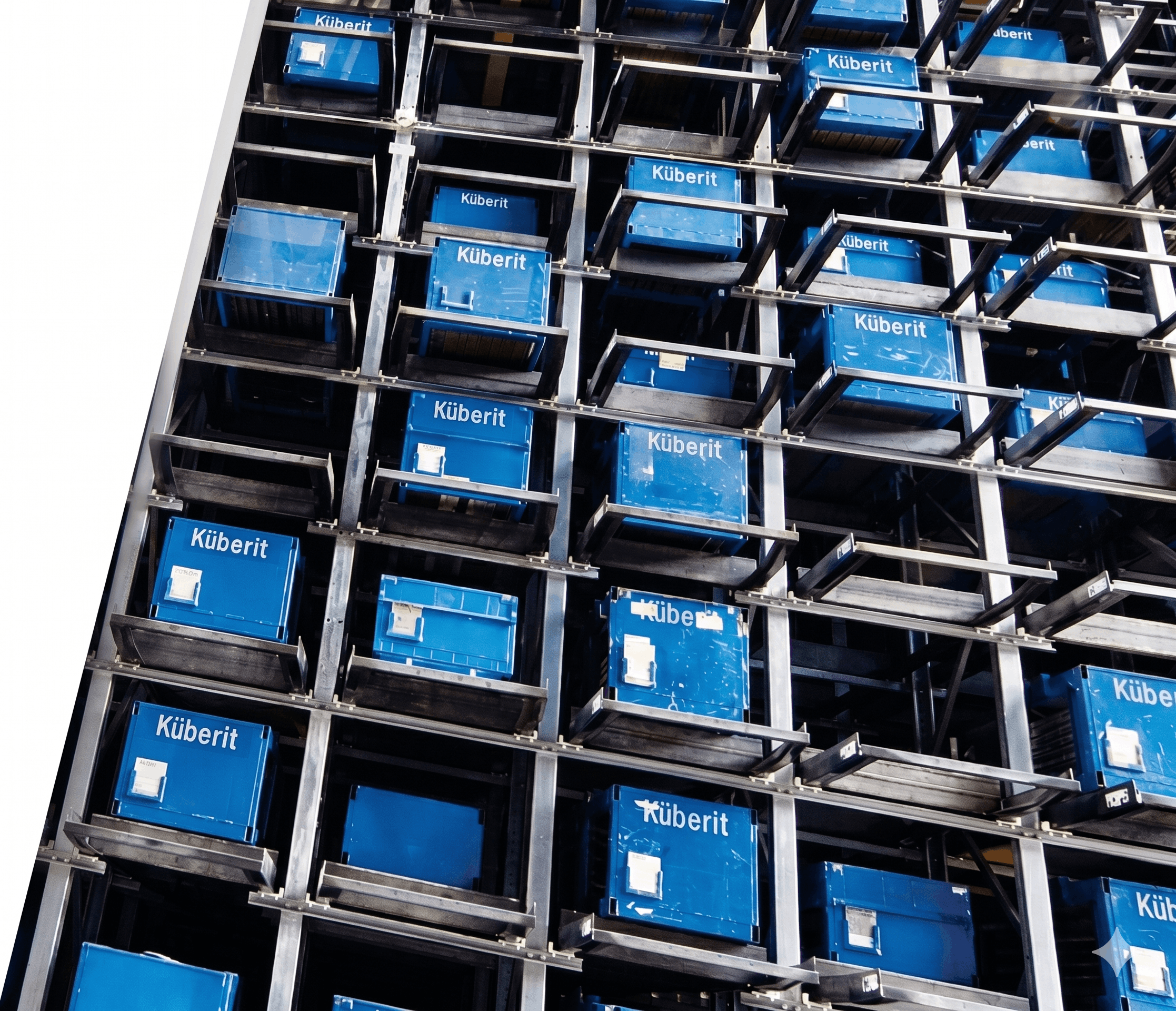 Küberit fully automatic warehouse filled with blue Küberit profile boxes