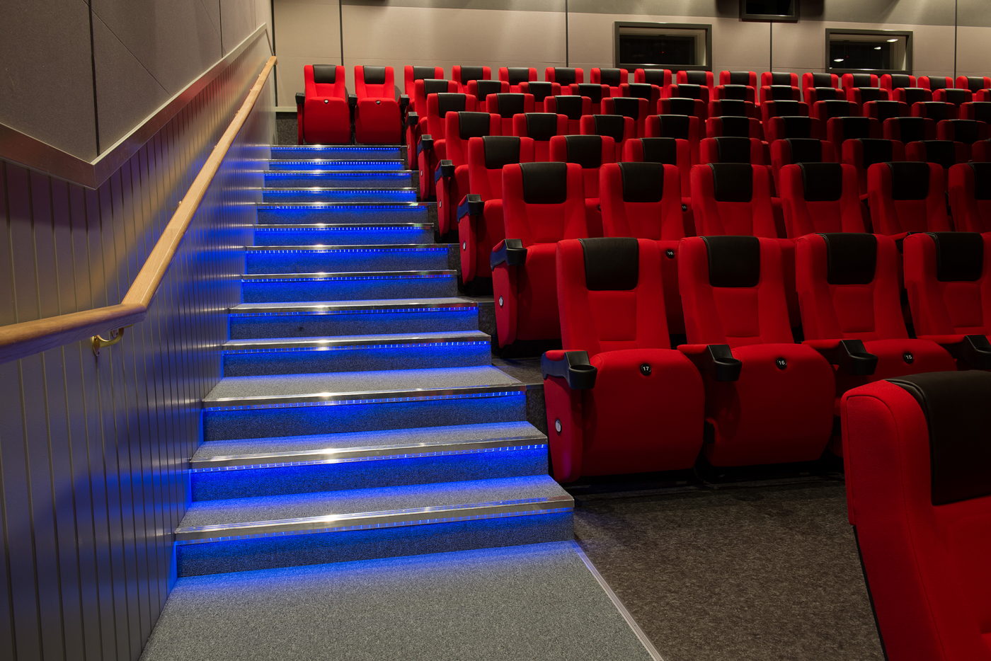 Cinema stairs fitted with Küberit stair nosing profiles