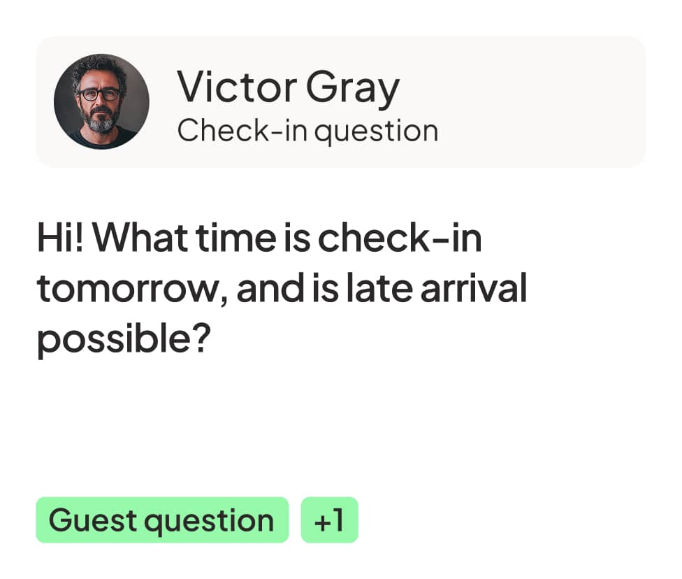 Chat message from Victor Gray asking about check-in time tomorrow and if late arrival is possible, labeled as guest question with +1 vote.