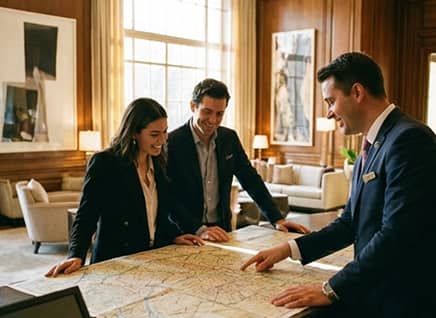 Three professionals in a wood-paneled office discussing a large map spread on a table.