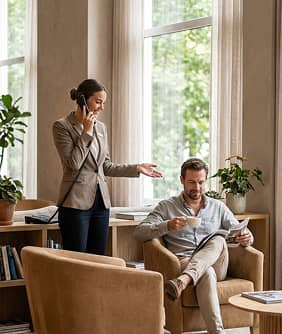Woman standing and talking on a phone while a man sits in an armchair reading and drinking coffee in a cozy, modern living room.