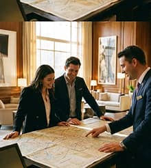 Three professionally dressed people examining and discussing a large map on a table in a well-lit room with large windows.