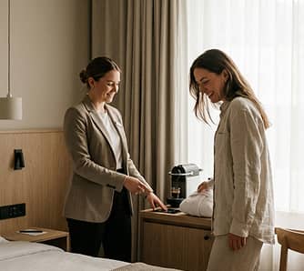 Two women smiling and talking near a coffee machine beside a window with curtains in a warmly lit room.