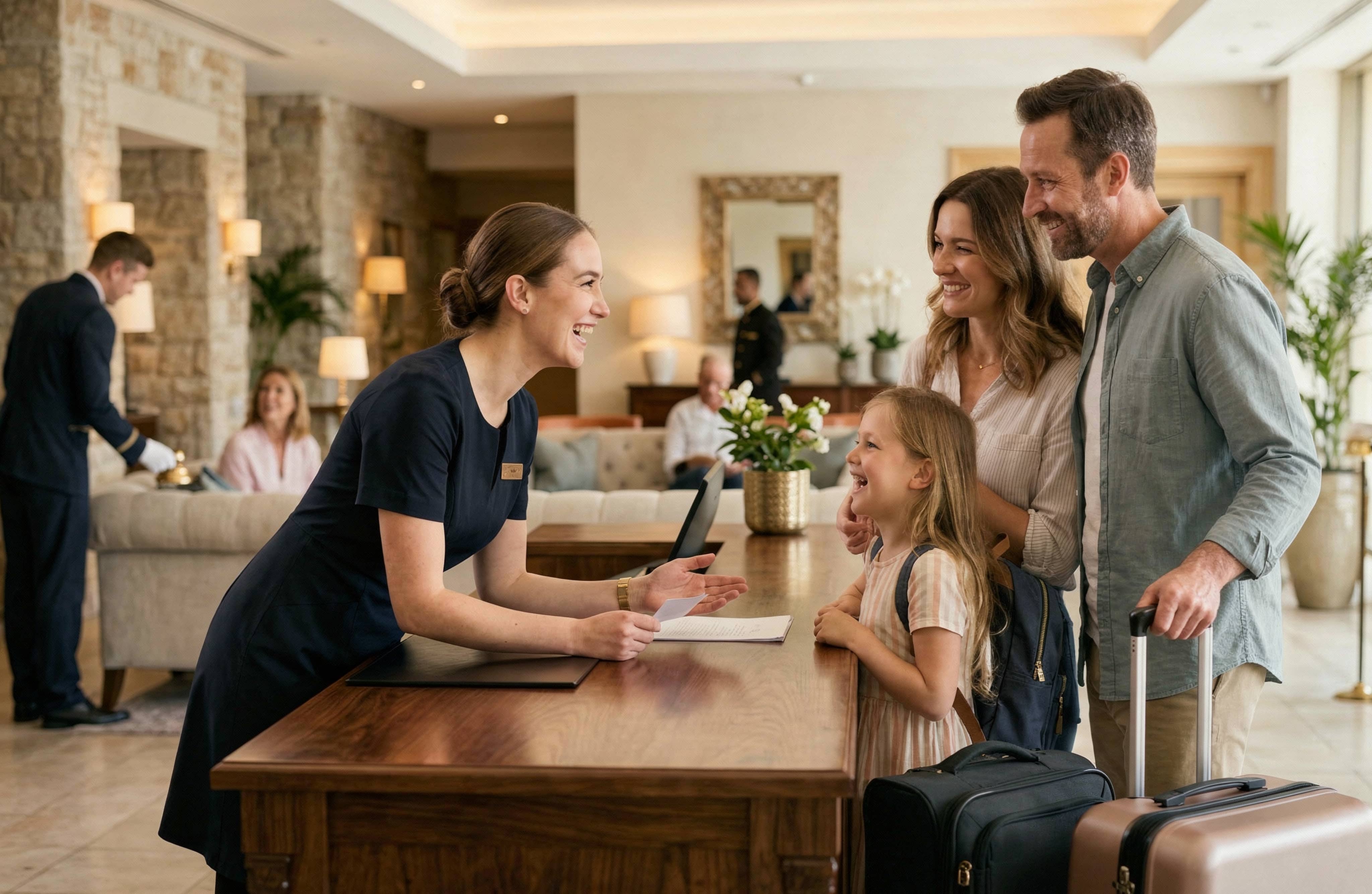 Man in navy suit and woman in casual outfit standing and smiling in a bright, elegant hallway with armchairs and plants.