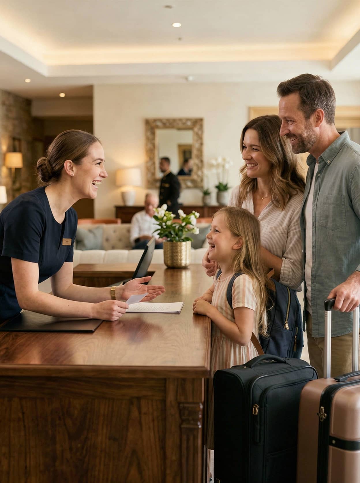 Man in a navy suit and woman in casual blazer and jeans smiling and talking in a bright room with beige walls and modern furniture.
