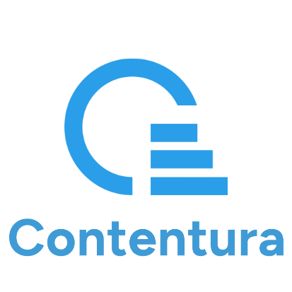 Contentura Firmenlogo mit blauem stilisiertem C und gestapelten Balken.