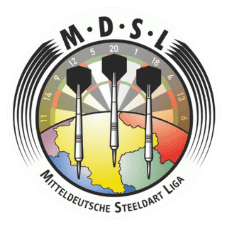 Logo der Mitteldeutschen Steeldart Liga zeigt drei Dartpfeile vor einer Deutschlandkarte und einem Dartboard-Hintergrund.