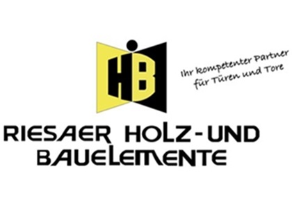 Logo von Riesaer Holz- und Bauelemente mit Text 'Ihr kompetenter Partner für Türen und Tore'.