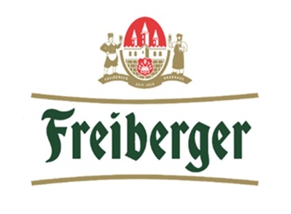 Freiberger Schriftzug mit rotem Wappen darüber, das zwei Figuren und ein Schloss zeigt.