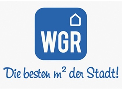 Logo mit den Buchstaben WGR in einem blauen Quadrat mit einem Hausesymbol oben rechts und dem Text Die besten m² der Stadt darunter.