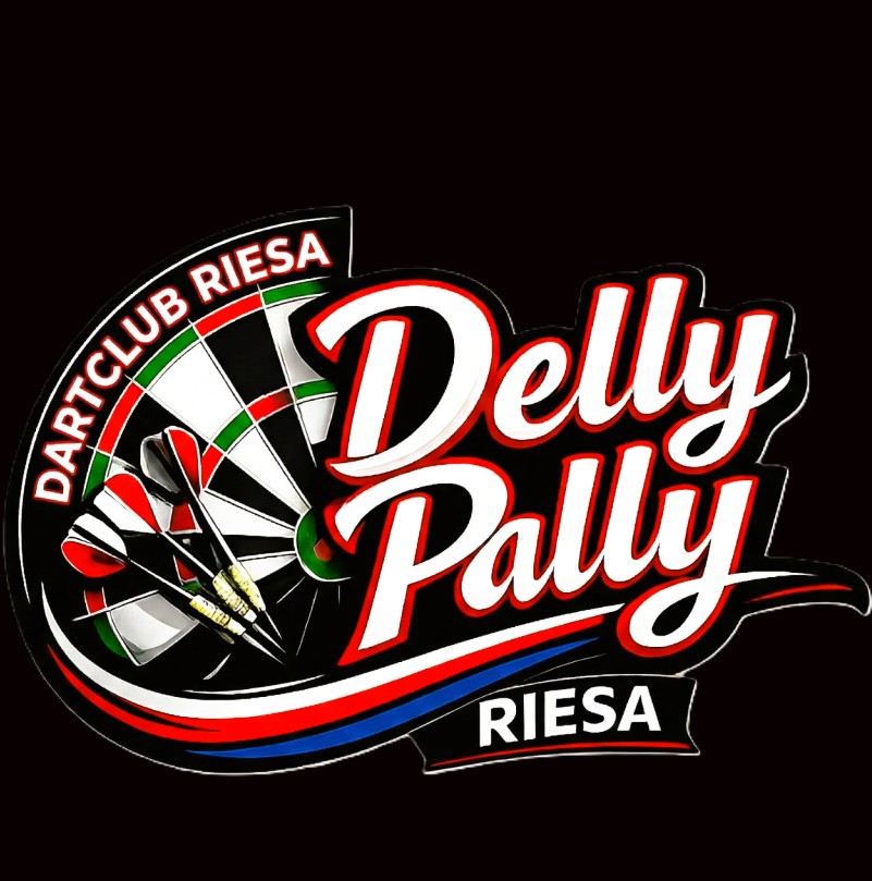 Logo des Dartclubs Riesa mit einem Dartscheiben-Design und drei Pfeilen, darunter der Schriftzug Delly Pally Riesa in Rot, Weiß und Blau.