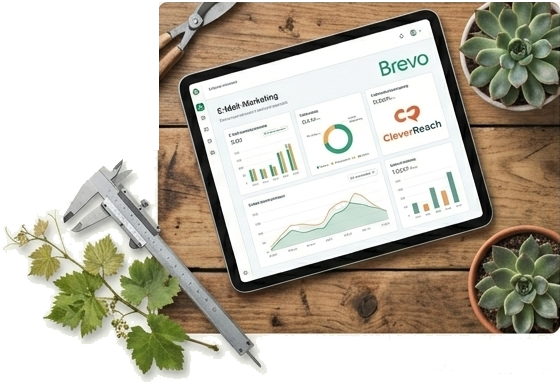 Digitales E-Mail-Marketing Dashboard auf rustikalem Holztisch für Gartencenter, Handwerk und KMUs