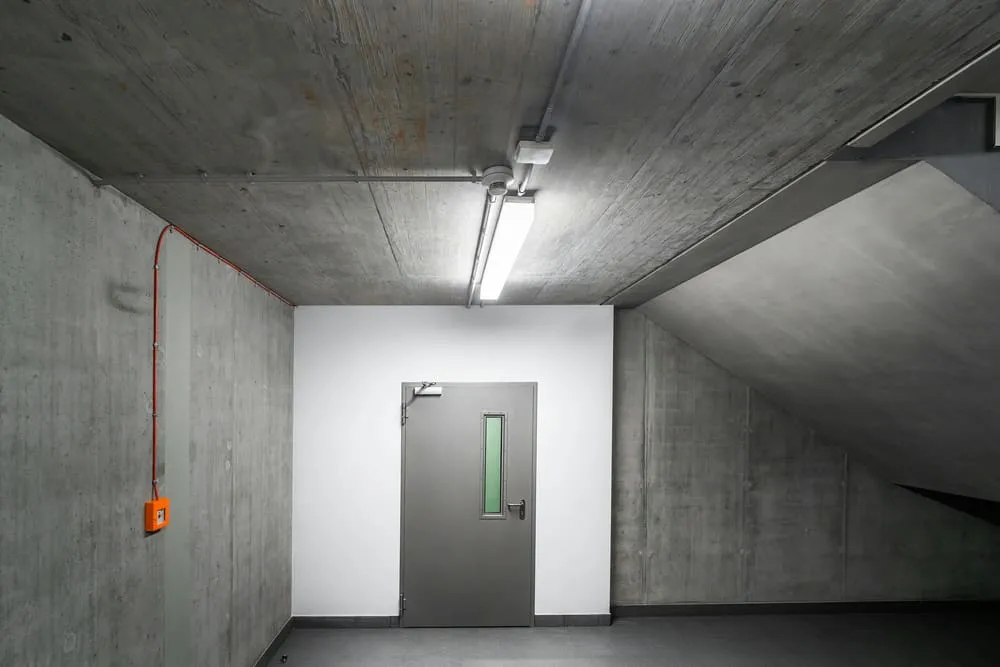 Ein grauer Metalltür in einer Betonwand mit einem kleinen Fenster, beleuchtet von einer Deckenleuchte in einem Keller oder Parkhaus.