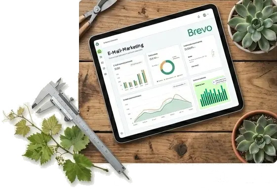 Digitales E-Mail-Marketing Dashboard auf rustikalem Holztisch für Gartencenter, Handwerk und KMUs