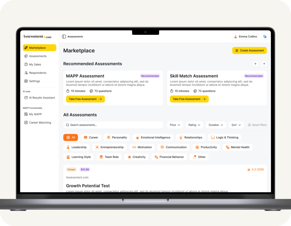 Laptop screen showing an assessment marketplace dashboard with recommended assessments, filters, and user menu for Emma Collins.