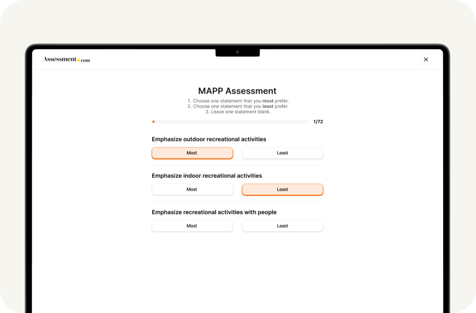 Tablet screen showing MAPP Assessment with three statements to rate: emphasizing outdoor recreational activities, indoor recreational activities, and recreational activities with people, with selections for Most and Least preferences.