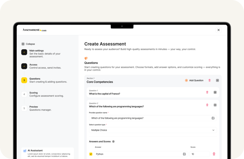 Tablet screen showing an online assessment creation interface with steps including settings, access, questions, scoring, and preview, and a form to add multiple choice programming language questions.