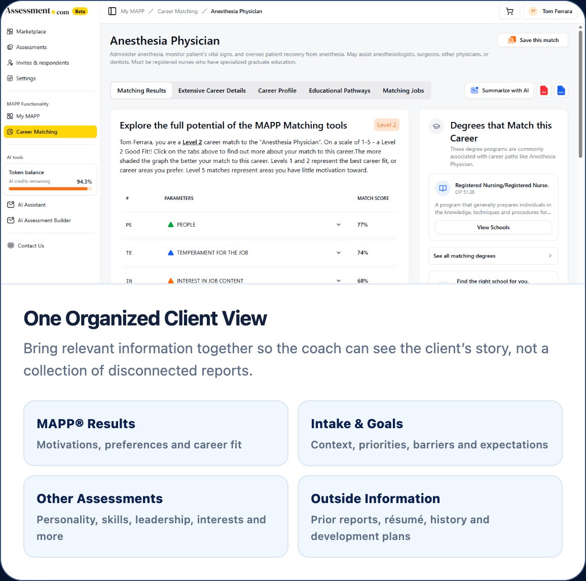 Actual Assessment.com MAPP matching results showing career fit dimensions, matching degrees and matching jobs
