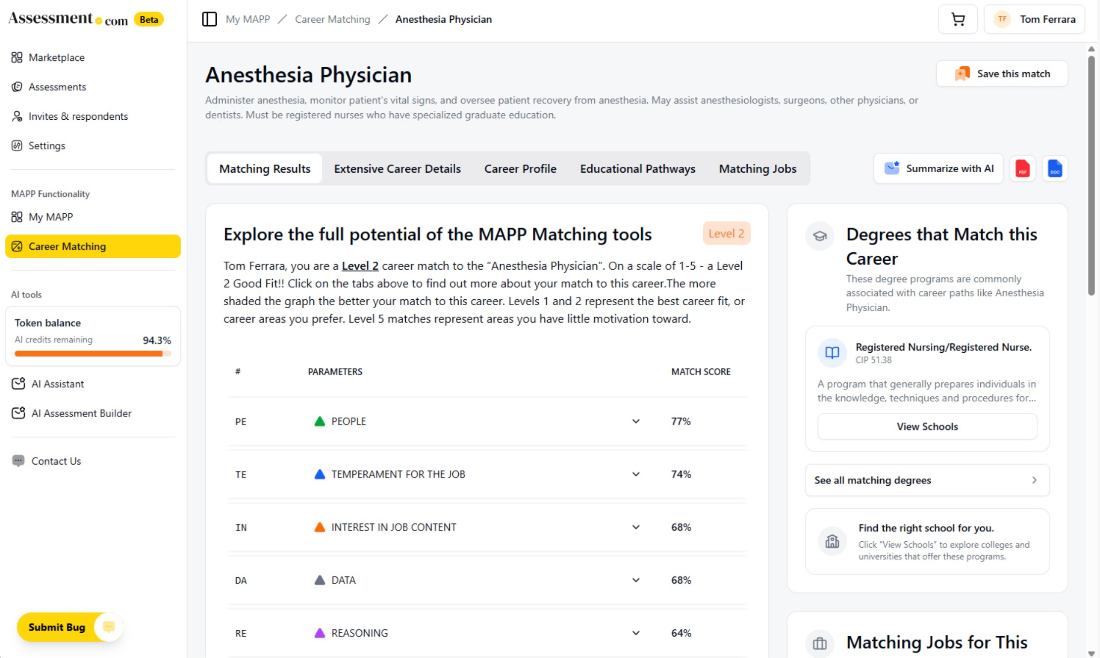 Actual Assessment.com MAPP matching results for an Anesthesia Physician career showing match dimensions, degrees and jobs