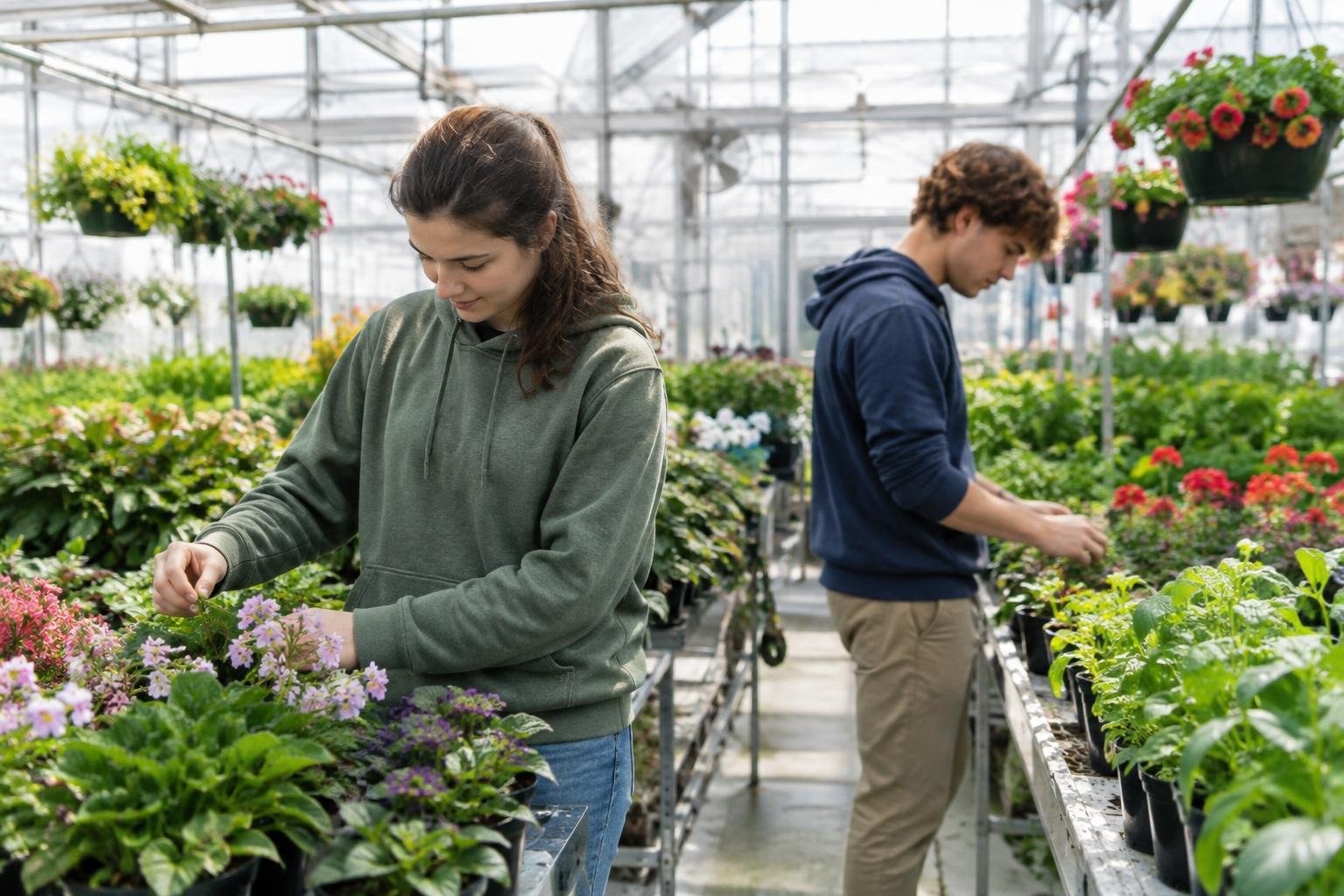 A woman and a man tend rows of flowering potted plants inside a bright greenhouse.