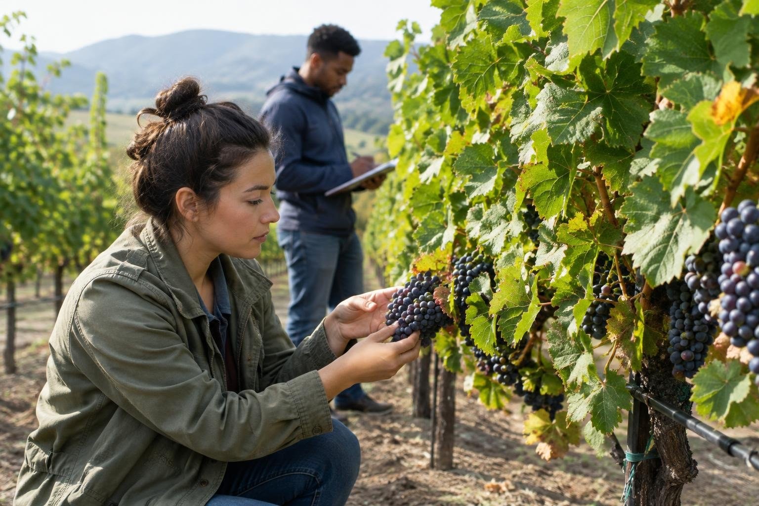 A woman examines a cluster of dark grapes on a vine while a man stands behind her holding a clipboard in a sunlit vineyard.