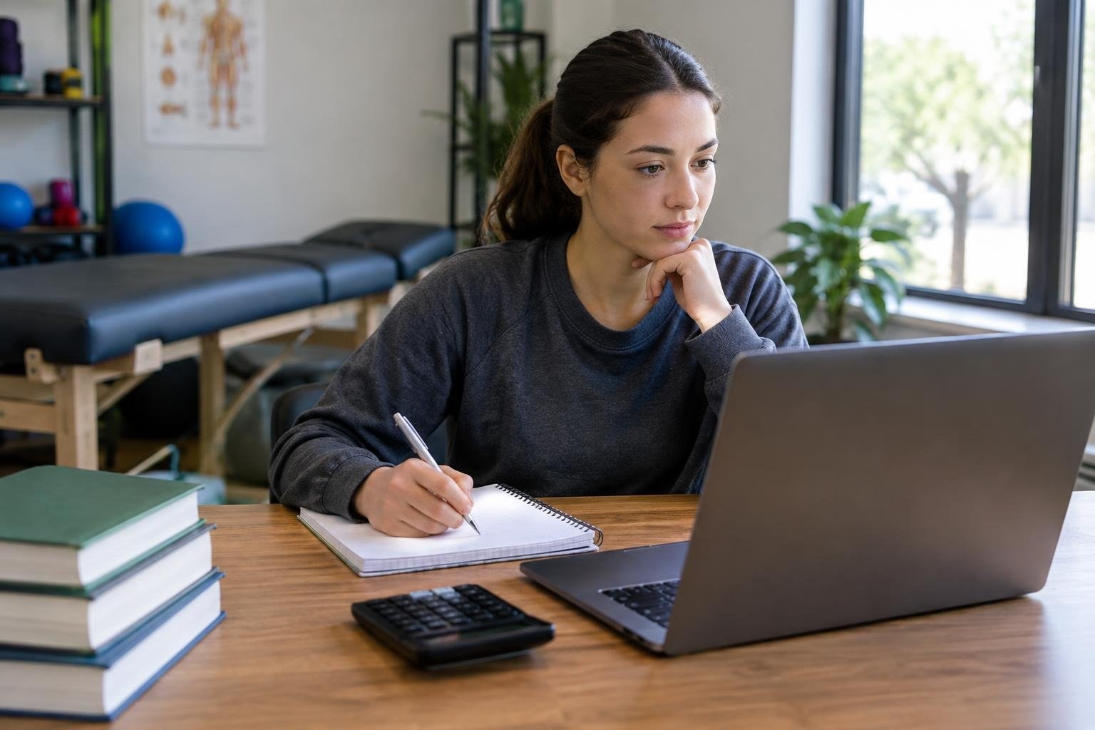 A woman writes in a notebook while looking at a laptop at a desk, with stacked books and a keyboard nearby in a room with exercise tables and large windows.