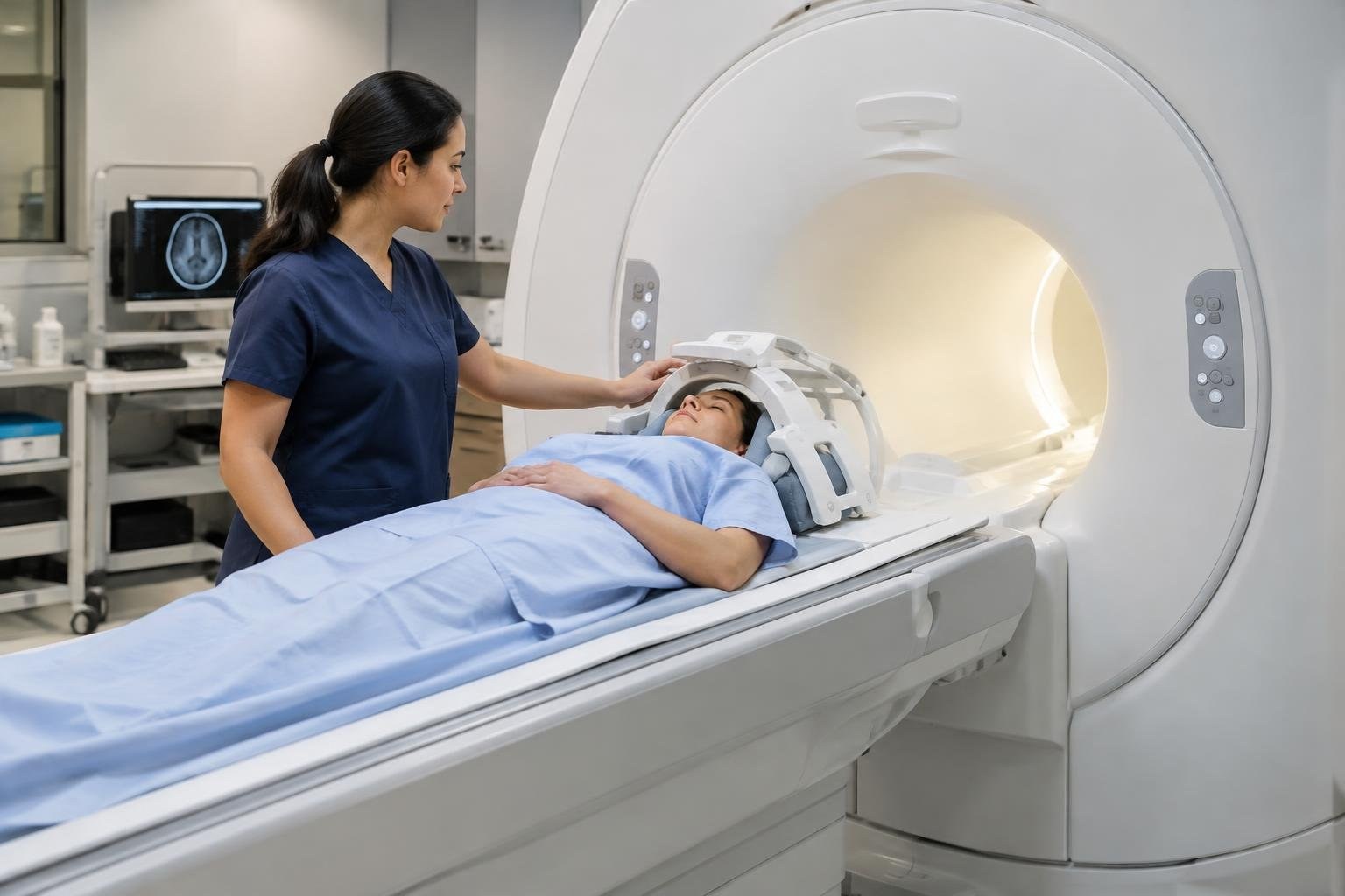 A clinician stands beside a patient lying under a blue sheet on a scanner table, adjusting a support around the patient's head in a clinical room.