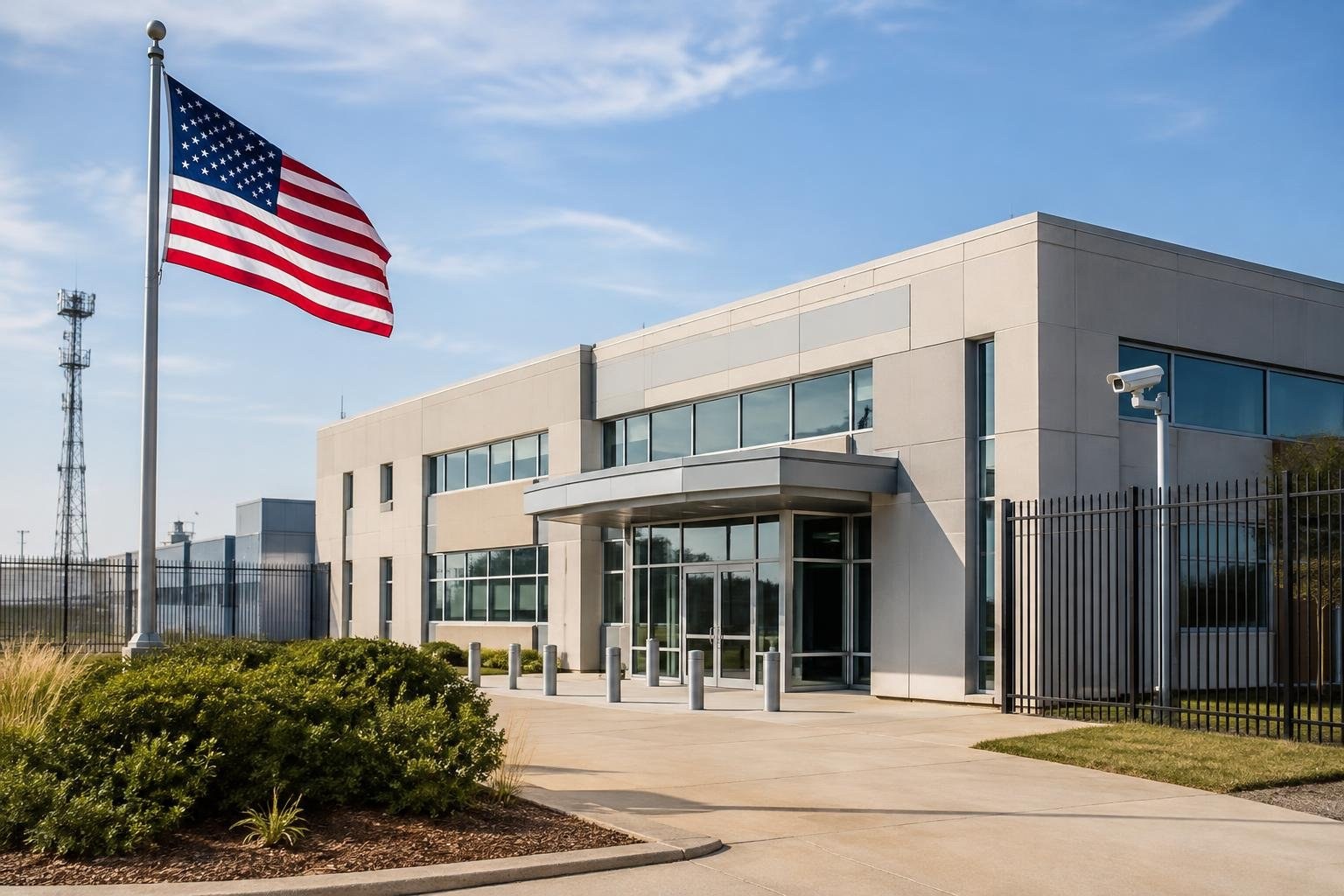 A U.S. flag flies beside a modern, windowed building surrounded by a tall metal fence, with a security camera near the entrance under a blue sky.