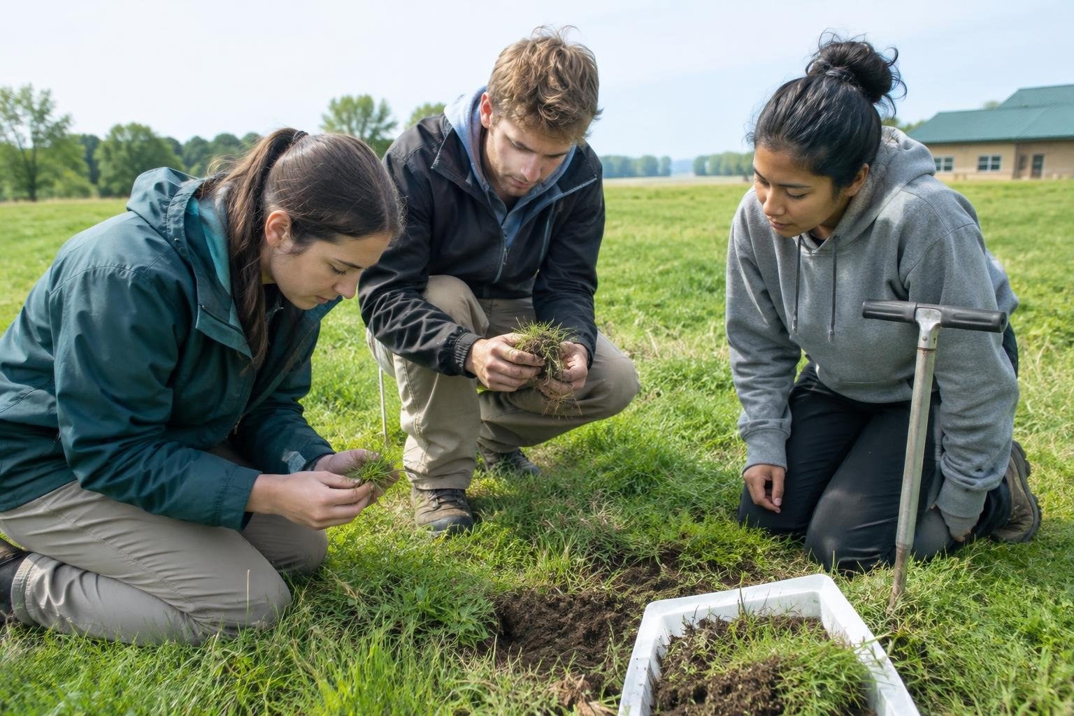 Three people kneel in a grassy field, examining clumps of plants and soil beside a digging tool and a white tray.