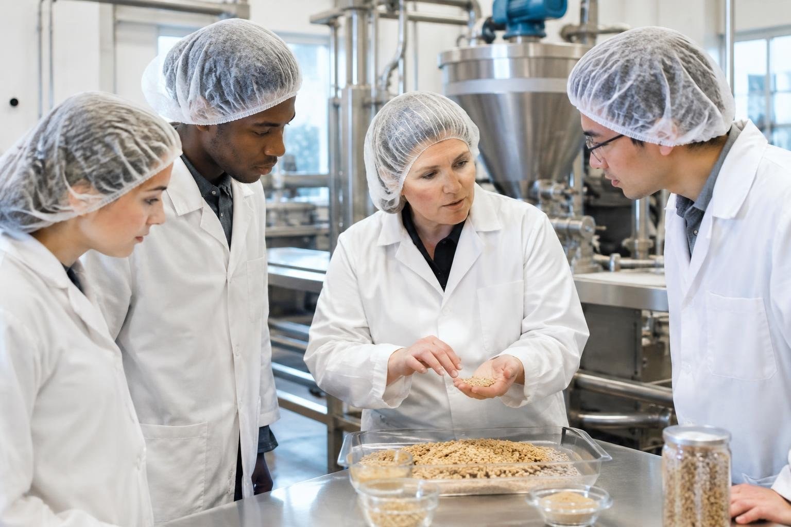 Four people in lab coats and hairnets examine grains in a processing facility as a woman holds a handful over a tray.
