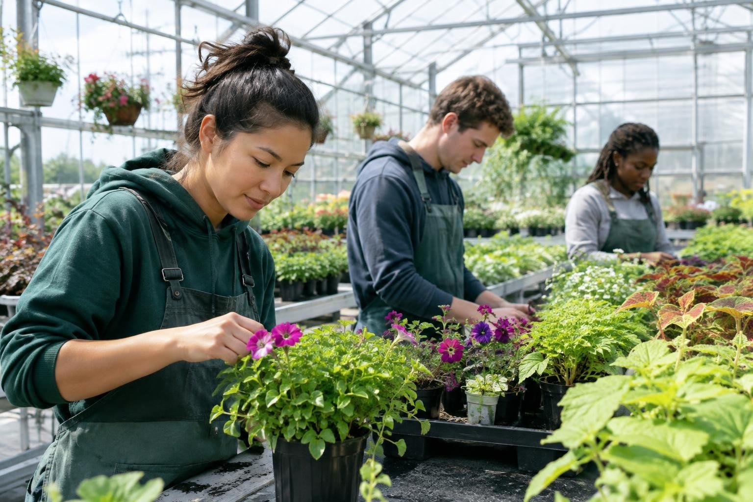 Three people in aprons tend flowering plants on tables inside a bright glass greenhouse.