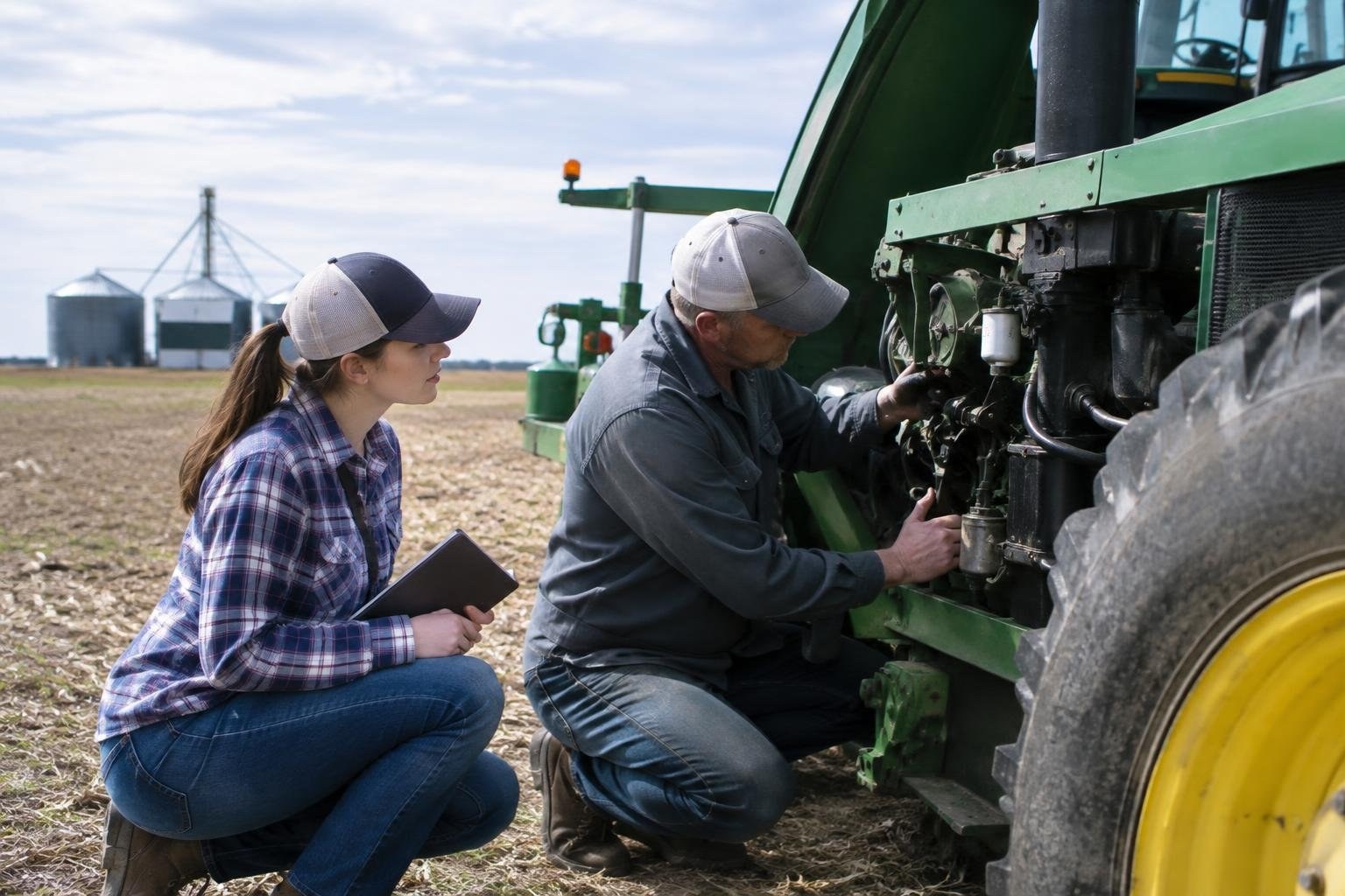 A man kneels beside a large green tractor, inspecting its engine, while a woman crouches nearby holding a tablet; grain silos stand beyond the harvested field.